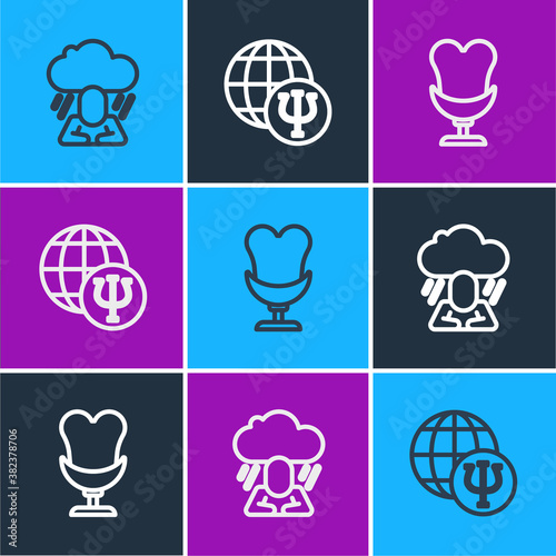 Set line Depression, Armchair and Psychology, Psi icon. Vector.