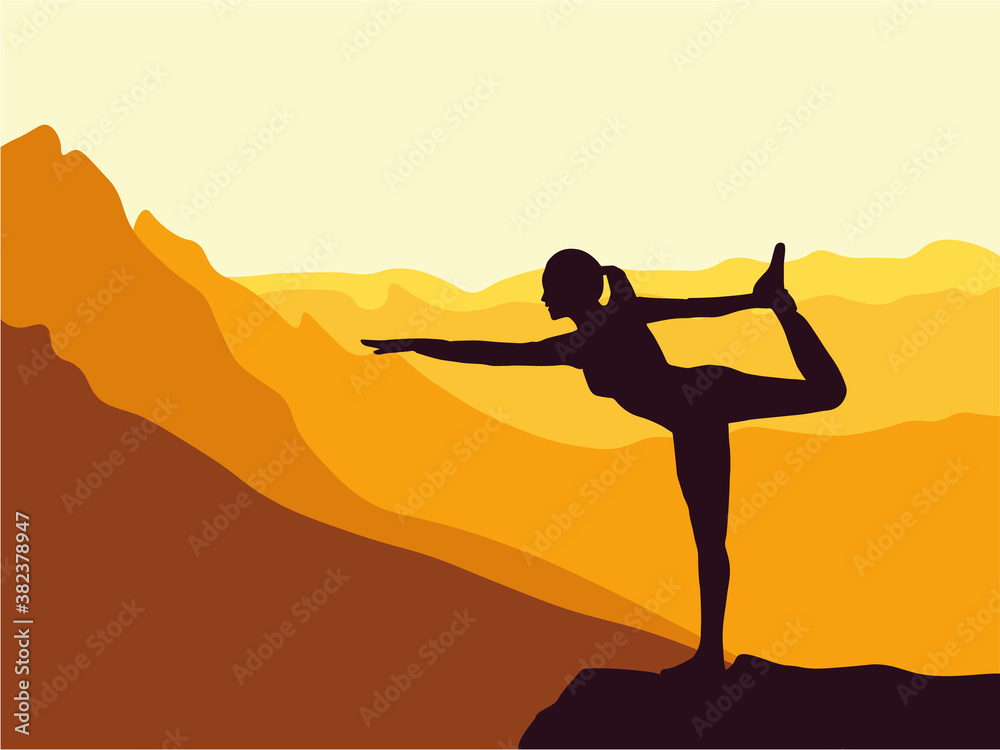 Silhouette of girl practicing yoga. Mountains in the background. Sunrise, yoga sun salutation. Healthy lifestyle. Silhouette of girl practicing yoga. Mountains in the background. Sunrise, yoga sun salutation. Healthy lifestyle.