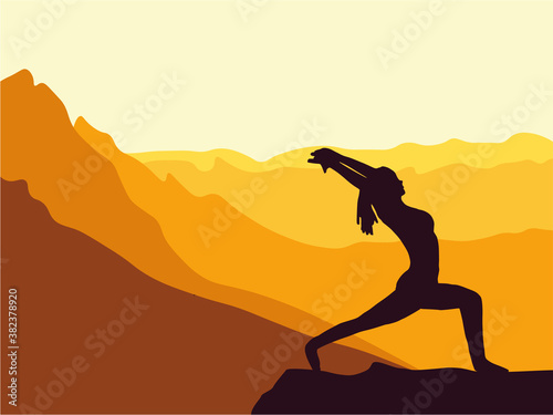 Silhouette of girl practicing yoga. Mountains in the background. Sunrise, yoga sun salutation. Healthy lifestyle.