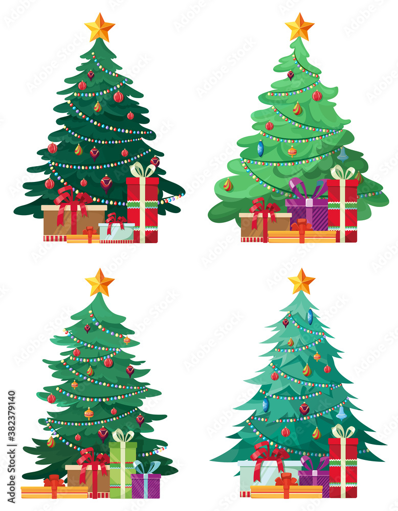 Set of different christmas trees. Beautiful spruces in cartoon style.