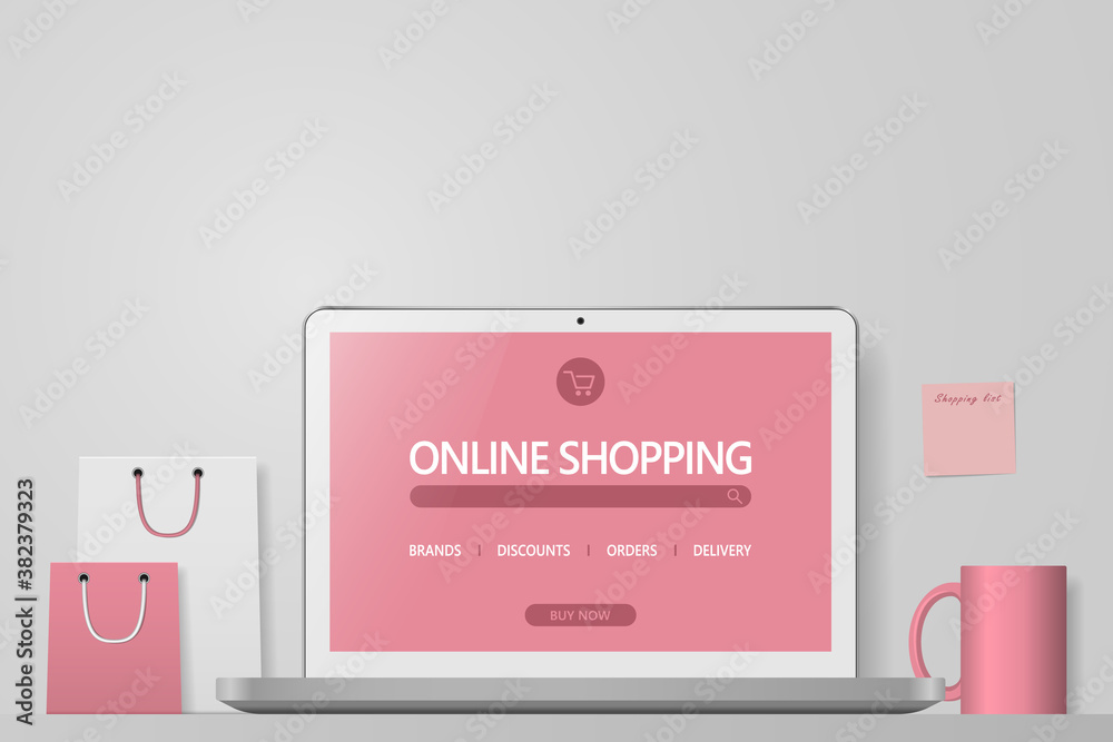 Online shopping concept. Online store website on computer screen.. Workspace with laptop and shopping bags . Vector illustration
