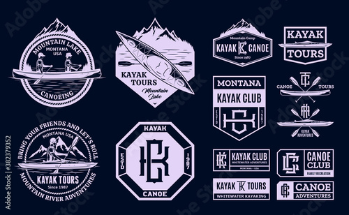Vector canoe and kayak logo, badges and design elements. Water sport, recreation, canoeing and kayaking illustrations