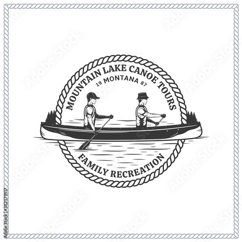 Vector mountain lake canoe tours logo with a boat and two canoers. Water sport, recreation, and canoeing badge design concept