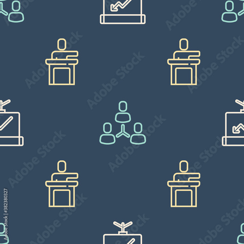 Set line Chalkboard with diagram, Speaker and Project team base on seamless pattern. Vector. photo