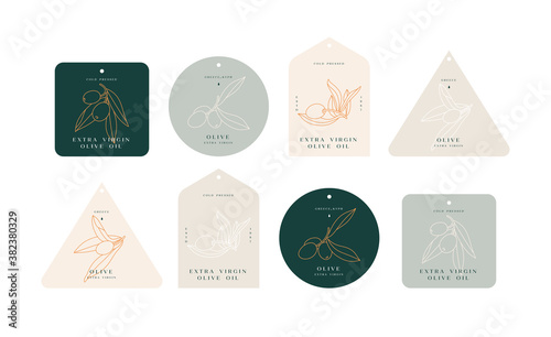 Vector set labels with olive branch - simple linear style. Tags composition with olives and typography.