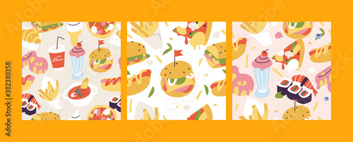 Vector illustration set of colorful cartoon fast food icons. Seamless pattern with junk food.