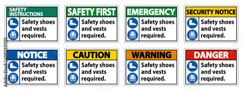 Safety Shoes And Vest Required With PPE Symbols on white background