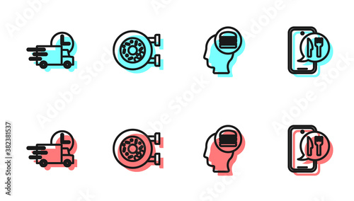 Set line Online ordering and delivery, Fast by car, Donut and icon. Vector.