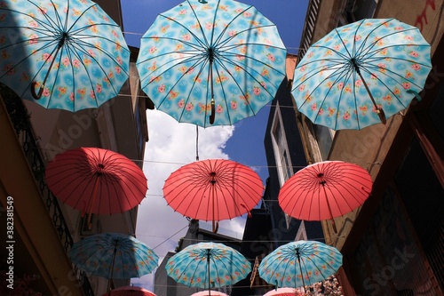 Decorative umbrellas around a fairytale-inspired cafe at Psiri neighbourhood in Athens  Greece  July 27 2020.