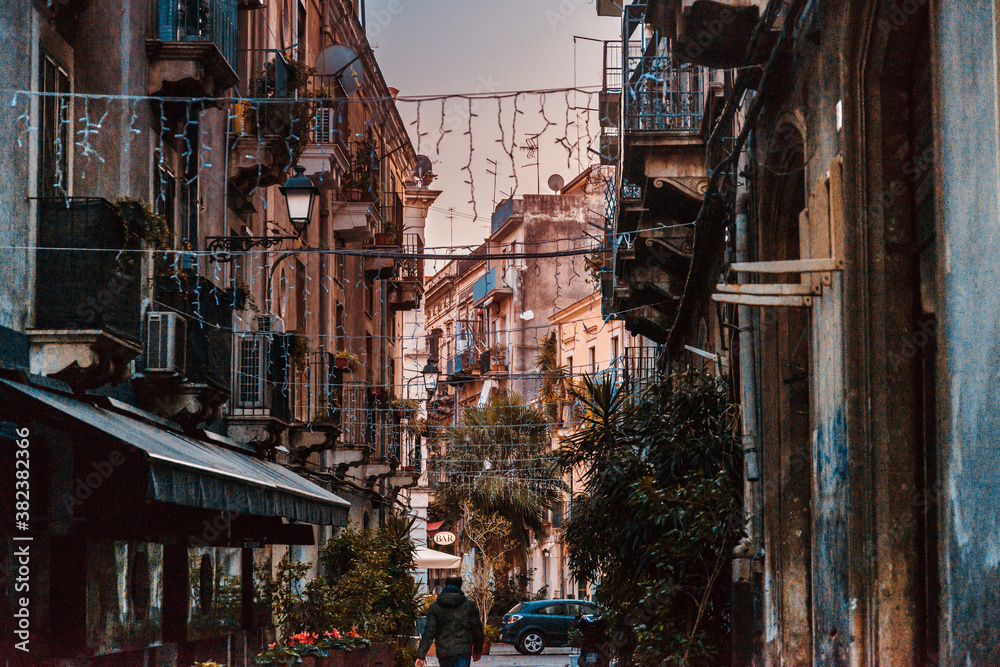 CATANIA, ITALY - January 19, 2019: Restaurants in Old Town Catania, Italy