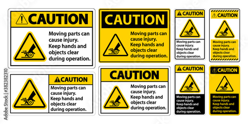Caution Moving parts can cause injury sign on white background