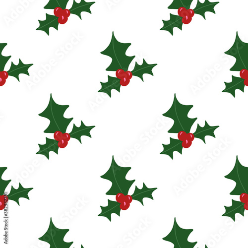 Isolates seamless doodle pattern with green and red colored mistletoe ornament. White background. Xmas winter artwork.