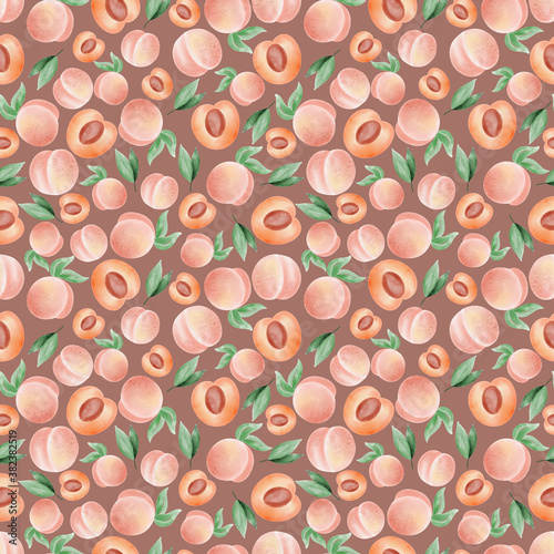 Watercolor seamless apricots and peaches pattern on white background. Watercolor illustration