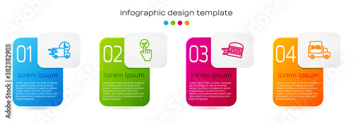 Set line Fast delivery by car, Online ordering and, burger and . Business infographic template. Vector.