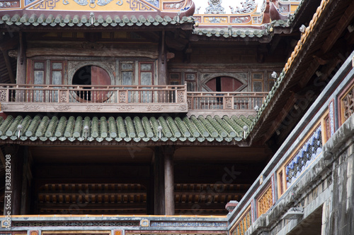 Hue, ancient capital of Vietnam. architecture detail of roofs and decorations