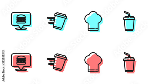 Set line Chef hat, Online ordering burger delivery, Coffee cup to go and Paper glass with water icon. Vector.