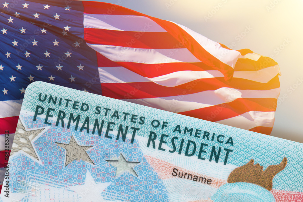Green Card US Permanent resident card USA. Electronic Diversity Visa  Lottery DV-2022 DV Lottery Results. United States of America. American flag  on background. Stock Photo | Adobe Stock
