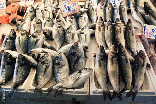 Stalls with sea food at fish market in Athens, Greece, July 27 2020. photo