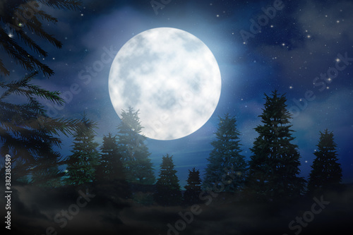 Fantasy night. Full moon in sky over fir forest