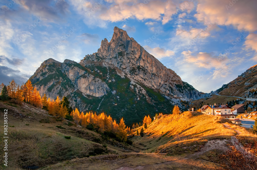 Amazing panoramic view on Sass de Stria mountain and Falzarego Pass. Dolomite Alps, South Tyrol, Italy at sunset