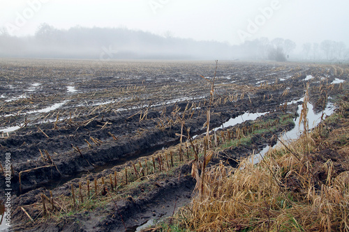 Ackerboden bei Dauerregen, Schwanewede, Niedersachsen, Deutschland, Europa  --
Arable soil in continuous rain, Schwanewede, Lower Saxony, Germany, Europe