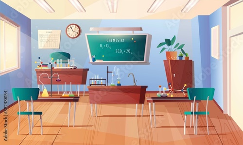 Classroom for chemistry subject. Cartoon interior with chalkboard, clock on the wall, desks, teacher table, books, test tubes, equipment for experiments, flasks. Vector illustration.