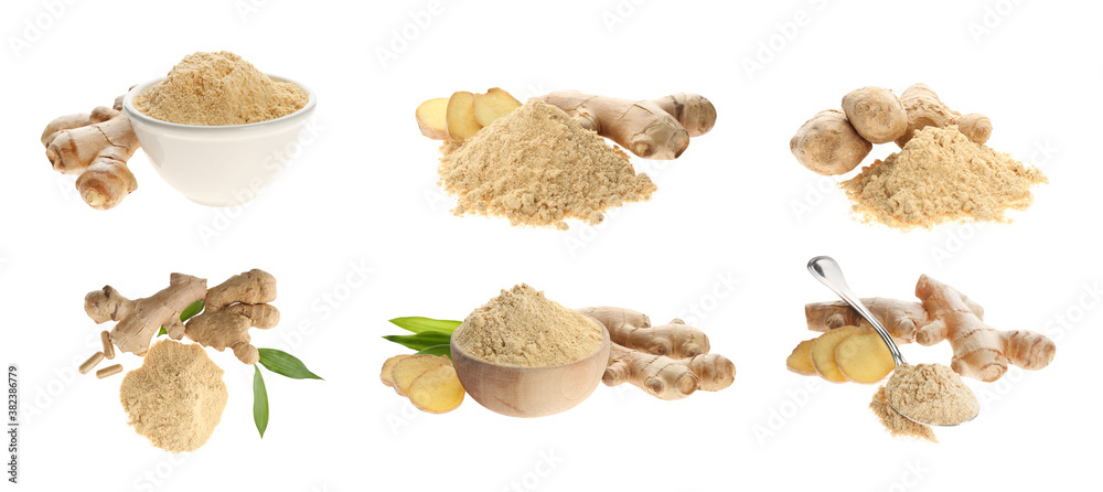 Set with ginger root and powder on white background. Banner design Set with ginger root and powder on white background. Banner design