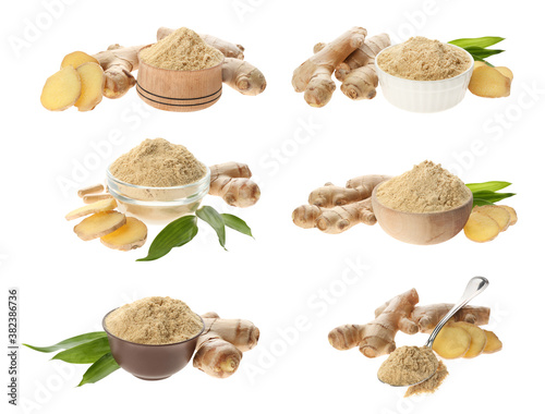 Set with ginger root and powder on white background