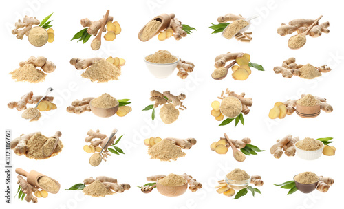 Set with ginger root and powder on white background © New Africa
