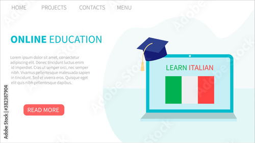 Landing page template. Online Italian Learning, distance education concept. Language training and courses. Studying foreign languages on a website in a laptop. Vector in flat design.