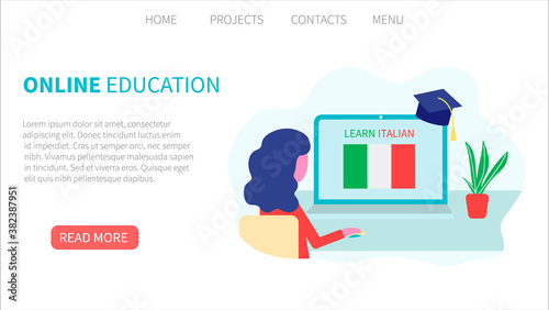 Landing page template. Online Italian learning, distance education concept. Language training and courses. Woman student studies foreign languages on a website in a laptop. Vector in flat design.
