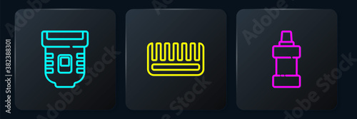 Set line Epilator, Bottle for cleaning agent and Hairbrush. Black square button. Vector.