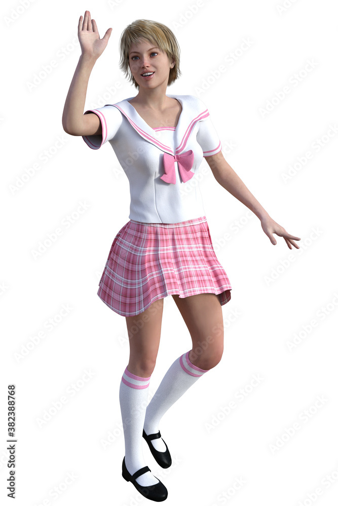 Fototapeta premium 3d illustration of a school girl dressed in a pink uniform posing on a white background