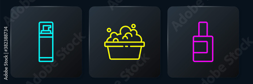 Set line Shaving gel foam, Bottle for cleaning agent and Basin with soap suds. Black square button. Vector.