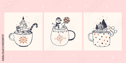 Cute illustration in doodle style. New Year's elements in cups. © Daria