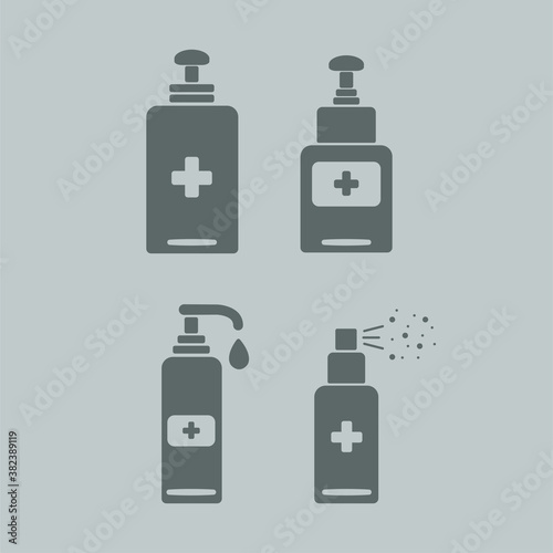 Isolated icons of flacons. Disinfection concept. Personal hygiene. Disinfection, antibacterial spray. Vector illustration in grey colors.