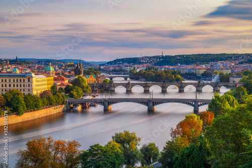 Vltava river with historic bridges in Prague