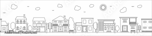 Monochrome horizontal urban landscape with town street or district. Cityscape with living houses drawn with contour lines on white background. Vector illustration in lineart style. Editable stroke.