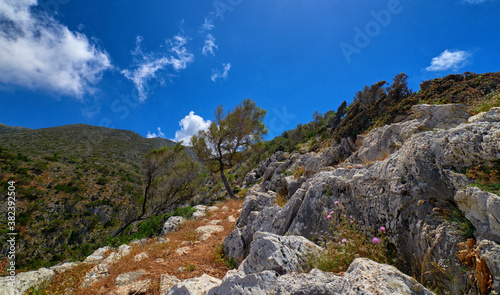 Typical Greek view, mountains, bushes, rocky slopes, wind-swept olive trees, blue sky, great clouds. Akrotiri peninsula, Chania region, Crete, Greece.