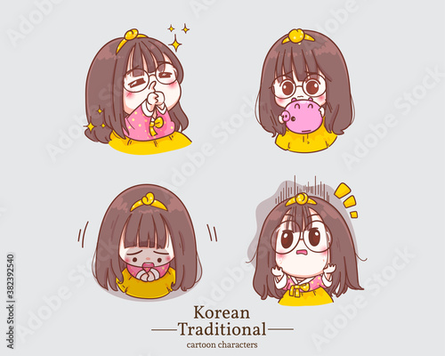Korean character cute girls in traditional korean hanbok dress cartoons. set illustration logo. Premium Vector