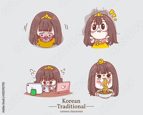 Korean characters of cute girls in traditional korean hanbok dress cartoons. set illustration logo. Premium Vector