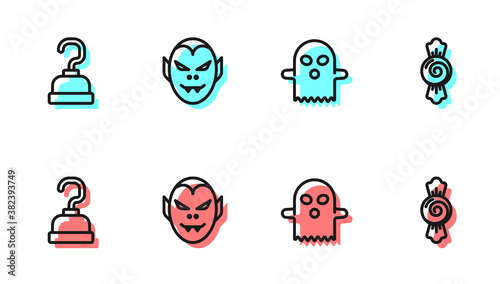 Set line Ghost, Pirate hook, Vampire and Candy icon. Vector.