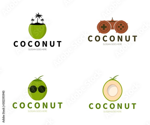 Set of Coconut Logo. Coconut Island, King, Slice, Glasses, Controller Logo Concept. Vector Design Illustration.