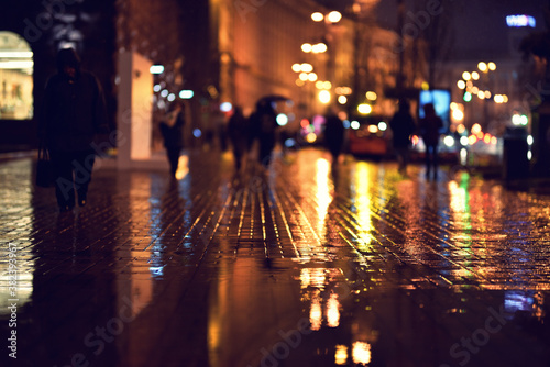 sidewalk in selective focus in rainy night