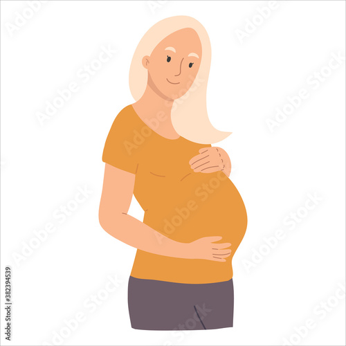 Smiling blonde pregnant woman awaiting baby birth.Happy pregnancy period. Vector hand drawn illustation isolated on white background.