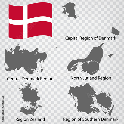 Five Maps Regions of Denmark - alphabetical order with name. Every single map of Province are listed and isolated with wordings and titles. Kingdom of Denmark. EPS 10. 