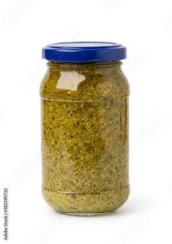 basil pesto sauce in glass jar