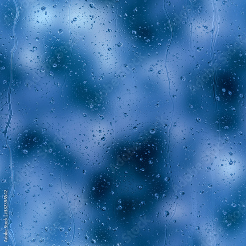 Seamless rain drop water repeat pattern on blur. High quality illustration. Realistic digital render of water droplets and drips on a blurred out pattern background. Pure water with light refraction. © NinjaCodeArtist
