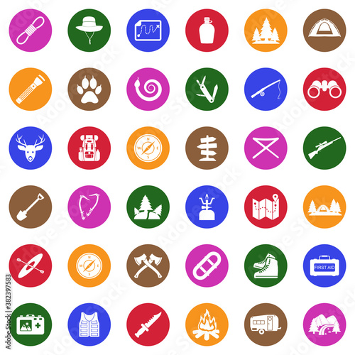 Expedition Icons. White Flat Design In Circle. Vector Illustration.