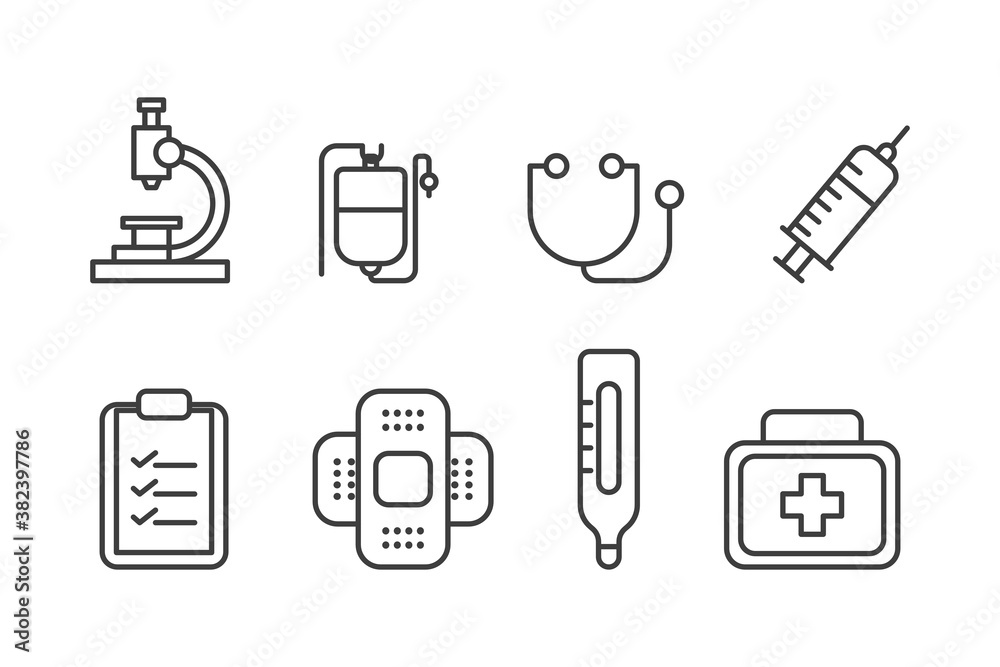 Medical icon set. Outline thin line flat style. Isolated on white background. Medical icon set. Outline thin line flat style. Isolated on white background.